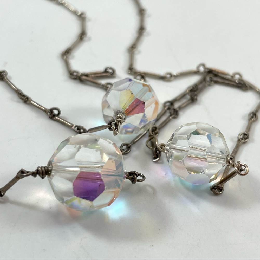 Stunning Unsigned 925 Sterling Silver White AB Glass Beaded Elegant Necklace